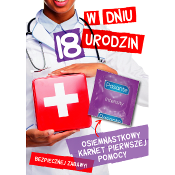 Karnet GIFT M - 48 "W dniu 18 osiemnastkowy karnet pierwszej pomocy, bezpiecznej zabawy" (prezerwatywa)