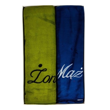 Komplet 2 ręczników 70x140 cm - Żona/Mąż (zielono-niebieski)
