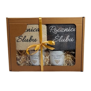 Zestaw 2 ręczników+kubki - Rocznica ślubu (serce)