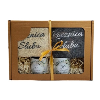 Zestaw 2 ręczników+kubki - 50 Rocznica ślubu (kwiaty)