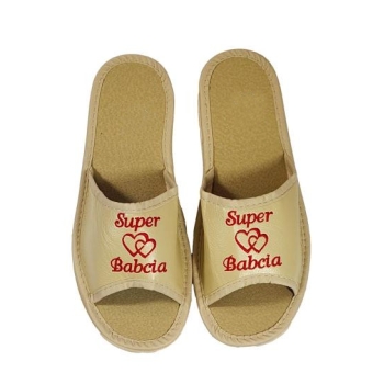 Kapcie - Super Babcia rozmiar 37 (odkryte palce, kremowe)
