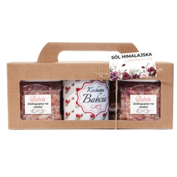 Zestaw sól himalajska z płatkami róż + kubek - Kochana Babcia